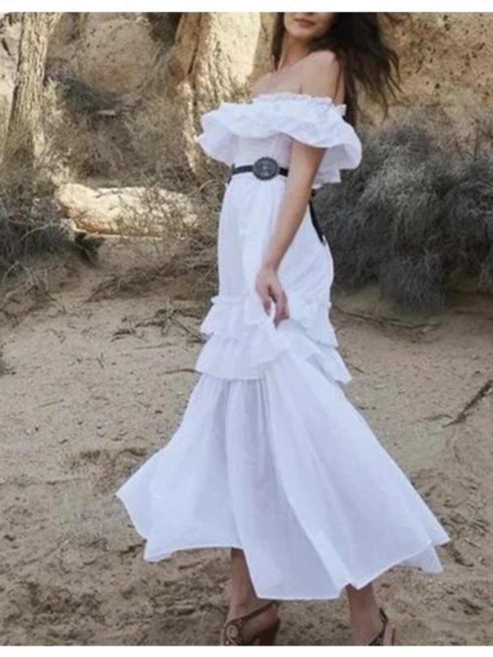 Happy X  Nature Savannah White Cotton‎ Off Shoulder Smocked Ruffle Maxi Dress XS
